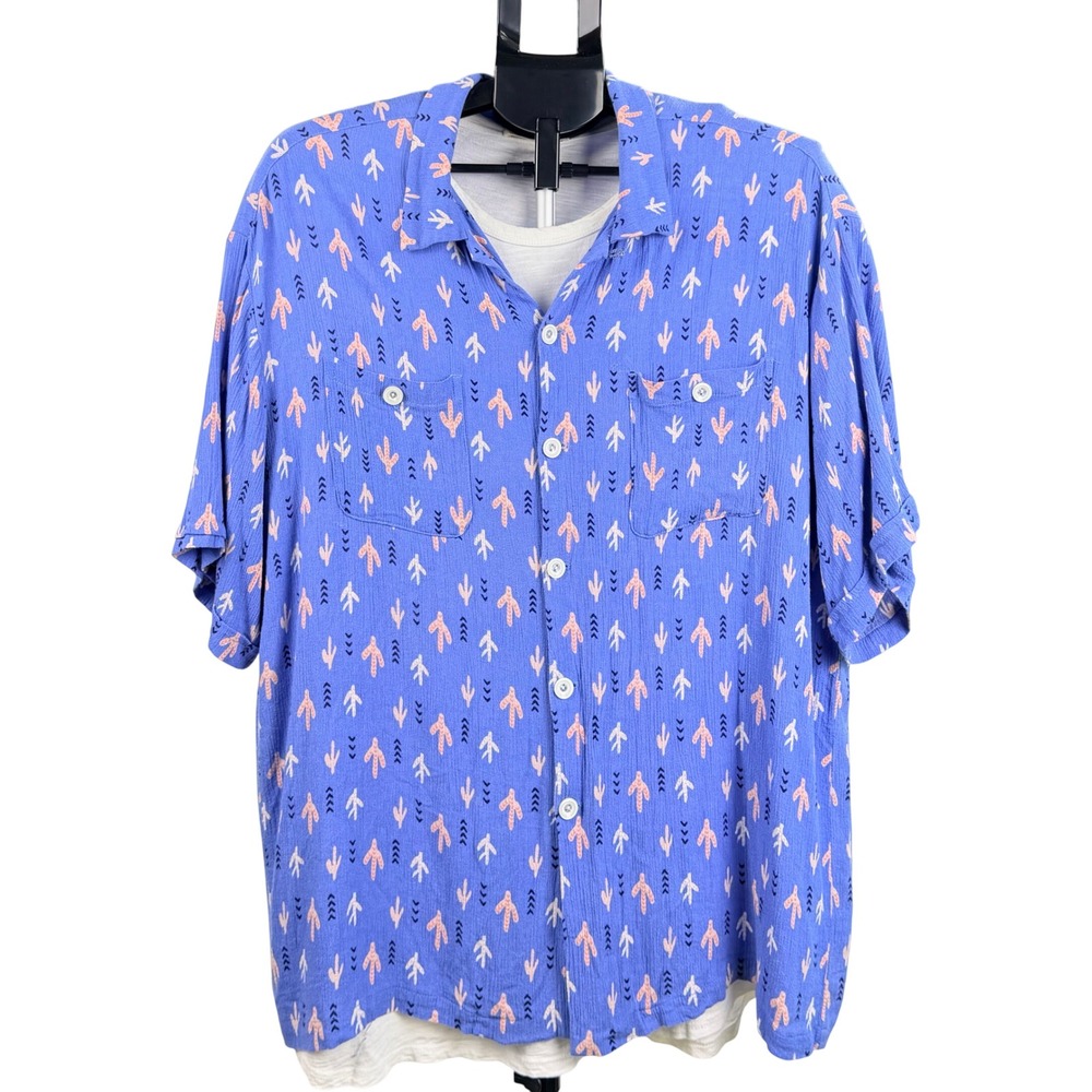Swankys Crinkle Crepe Camp Shirt Men XL Blue Short Sleeve Pocket Boho Retro L.A. - Picture 3 of 11